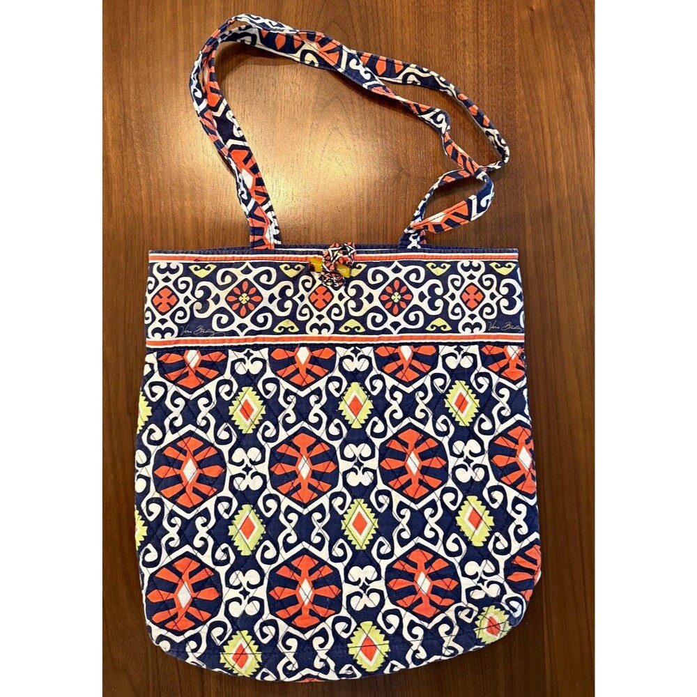 Vera Bradley Geometric Tote Bag Medium Navy Orange White Green Button Lined